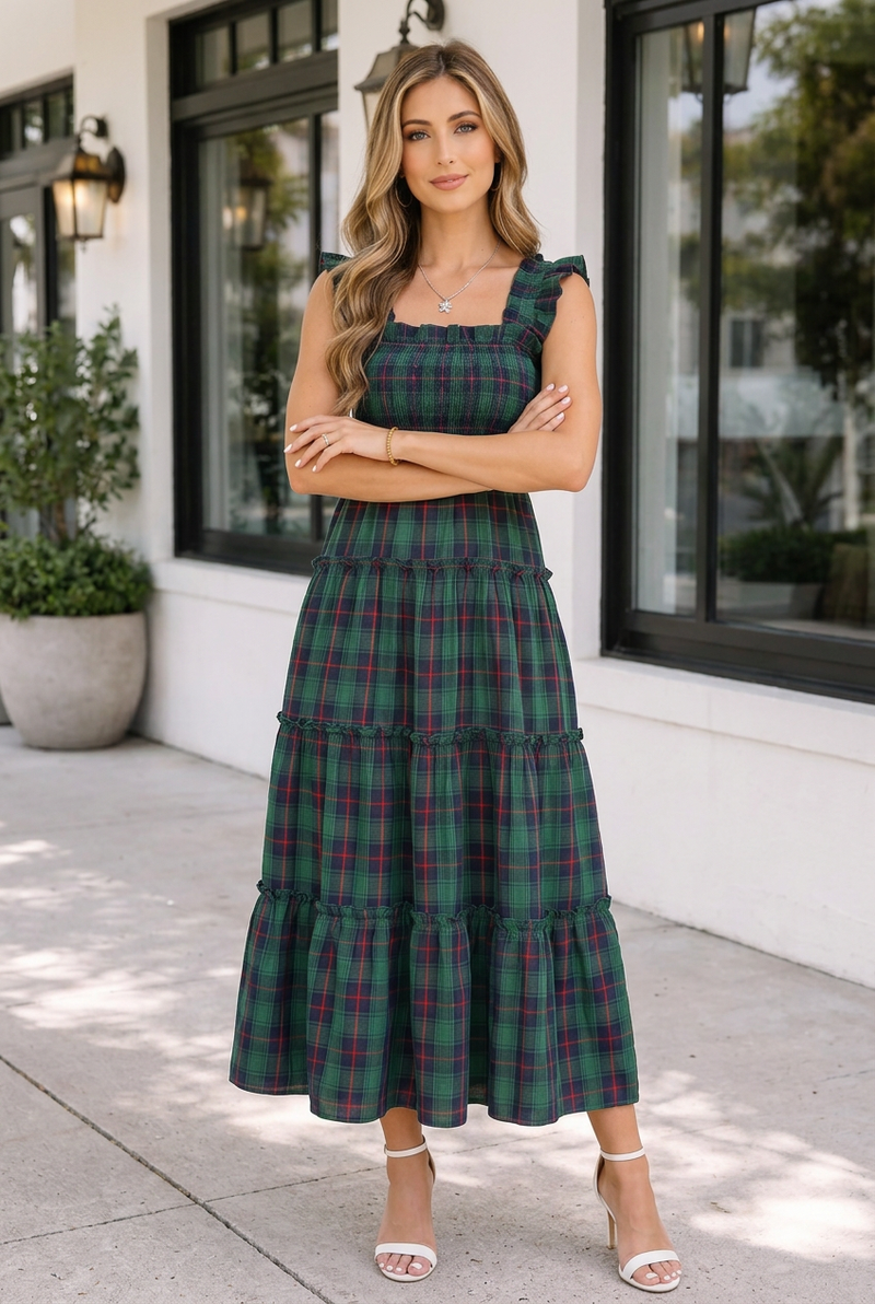green plaid midi dress Ruffle Sleeveless Shirred Bodice Tiered Options:PDF Download made for everyday wear. collections:Marine Corps Ivory