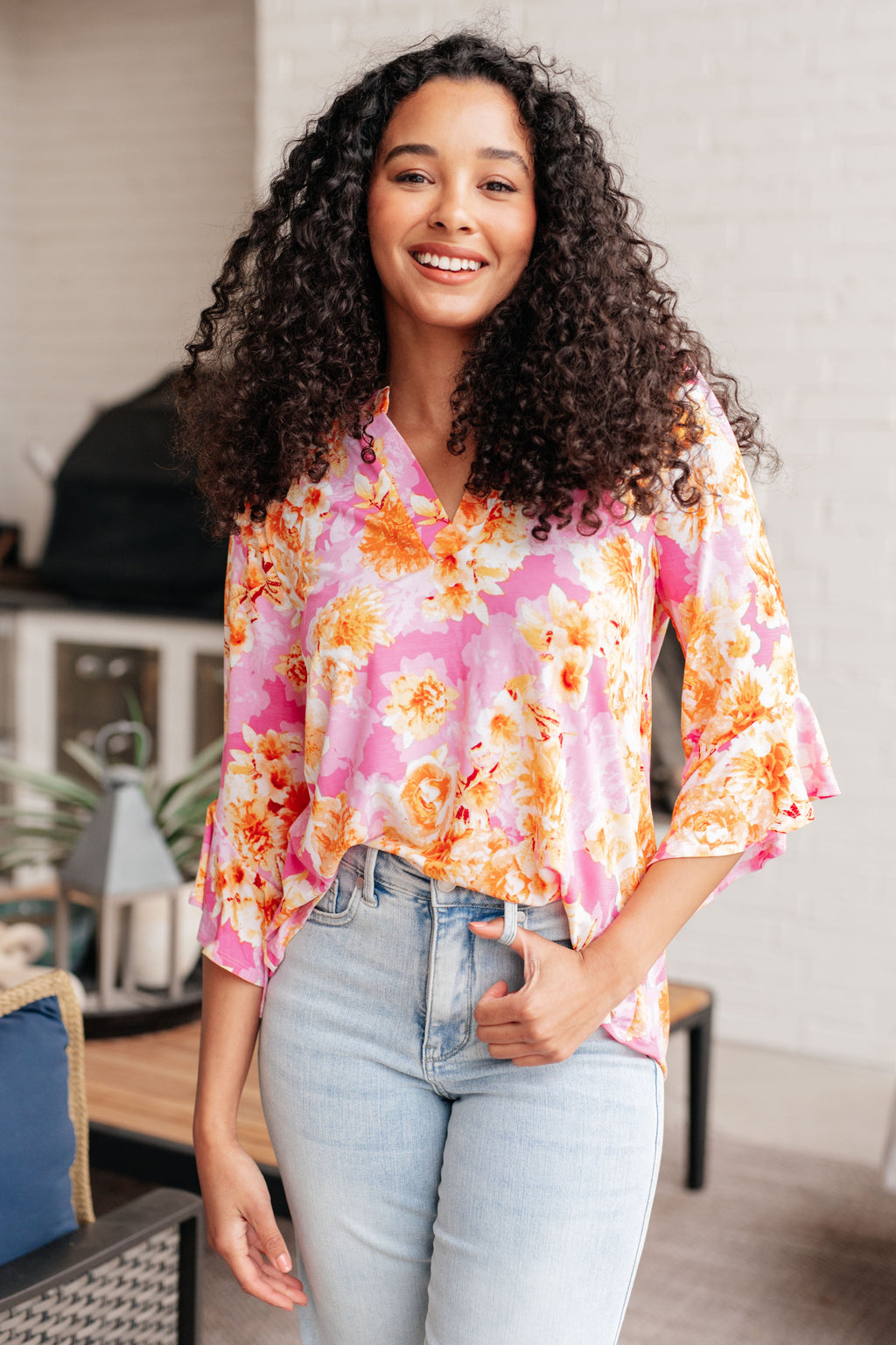 Hazel Blues® |  Lizzy Bell Sleeve Top in Pink and Gold Floral