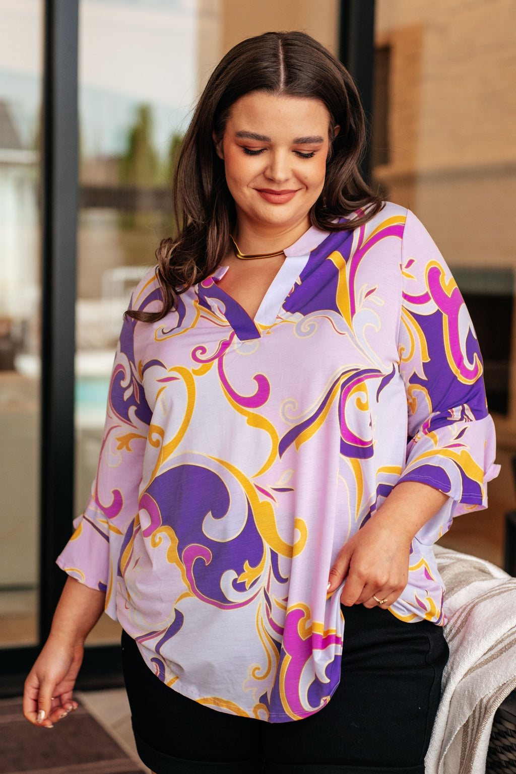 Hazel Blues® |  Lizzy Bell Sleeve Top in Regal Lavender and Gold
