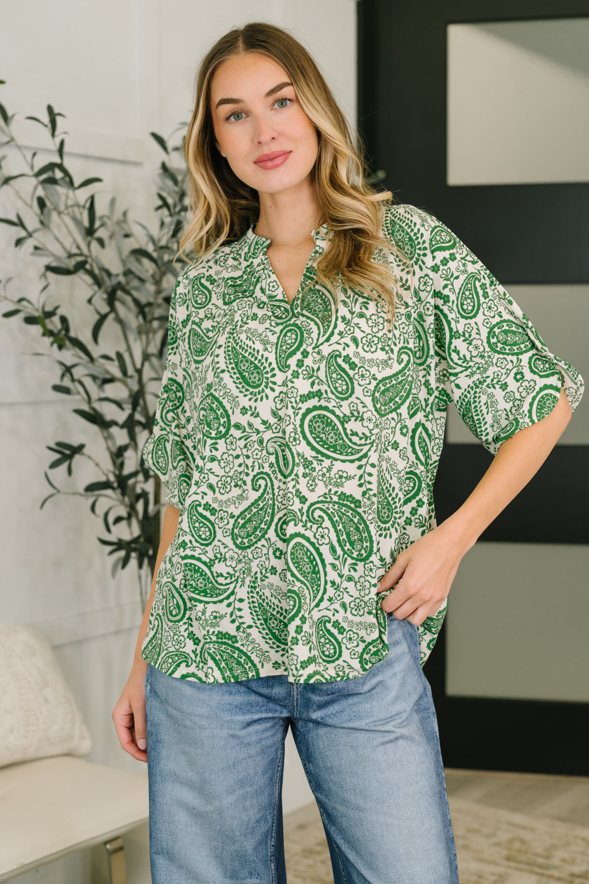 Hazel Blues® | Lizzy Breeze Top in Green Paisley