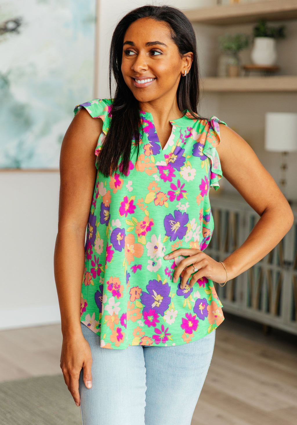 Hazel Blues® |  Lizzy Flutter Sleeve Top in Emerald and Purple Floral