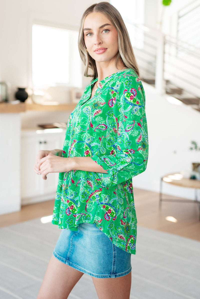 Hazel Blues® |  Lizzy Top in Emerald and Magenta Paisley