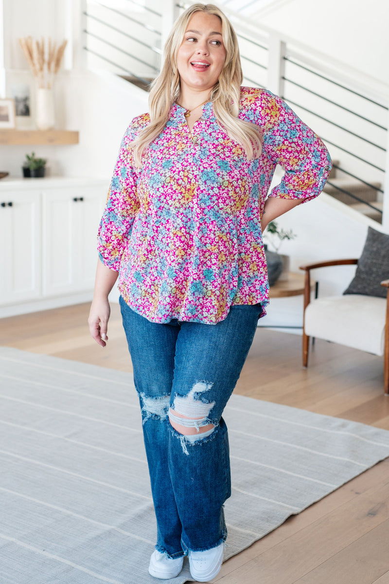 Hazel Blues® |  Lizzy Top in Pink and Aqua Ditsy Floral