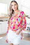Hazel Blues® |  Lizzy Top in Teal and Hot Pink Abstract Fans