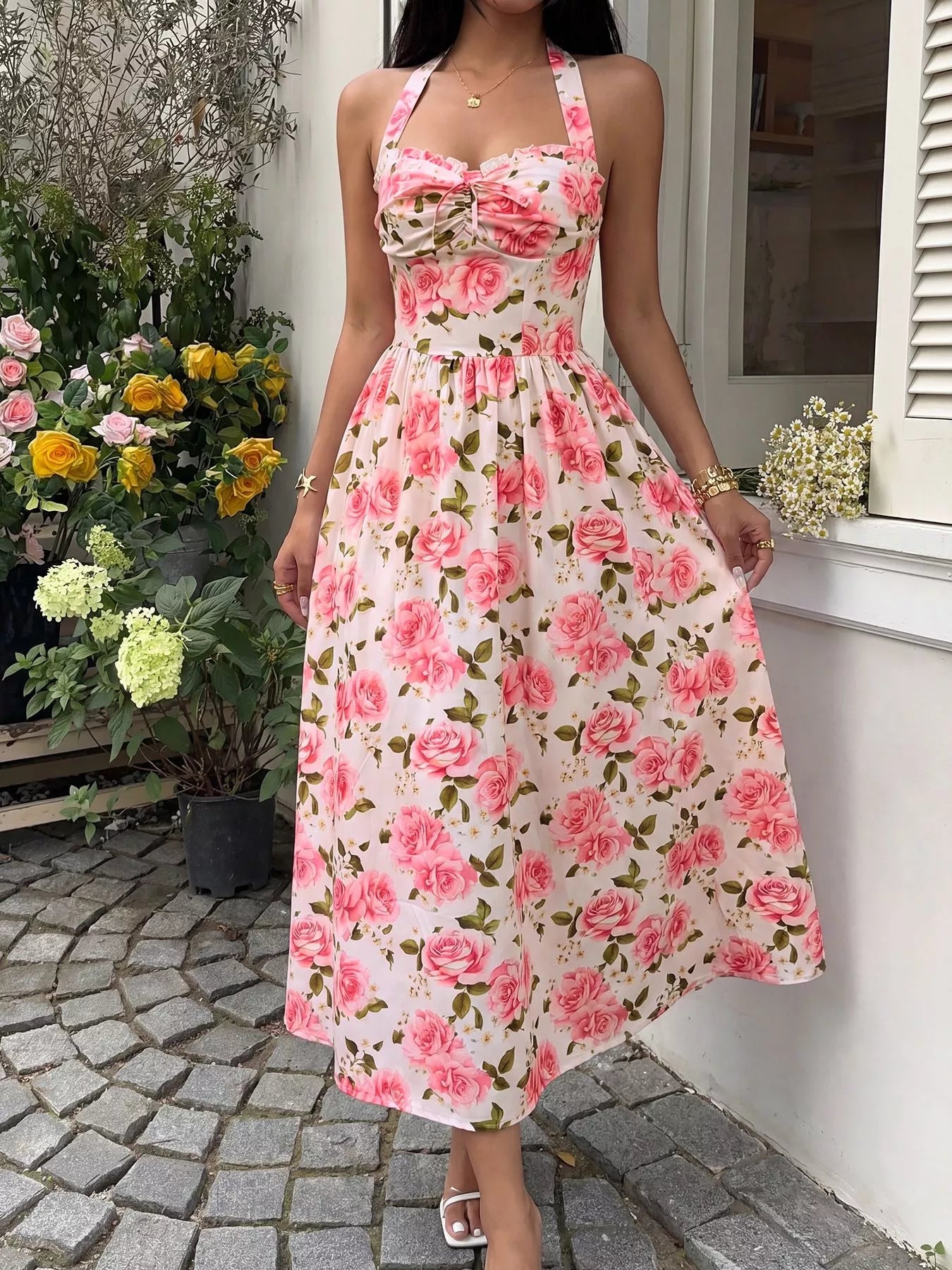 Hazel Blues | Floral Print Halter Neck Midi Dress Blush Pink / S