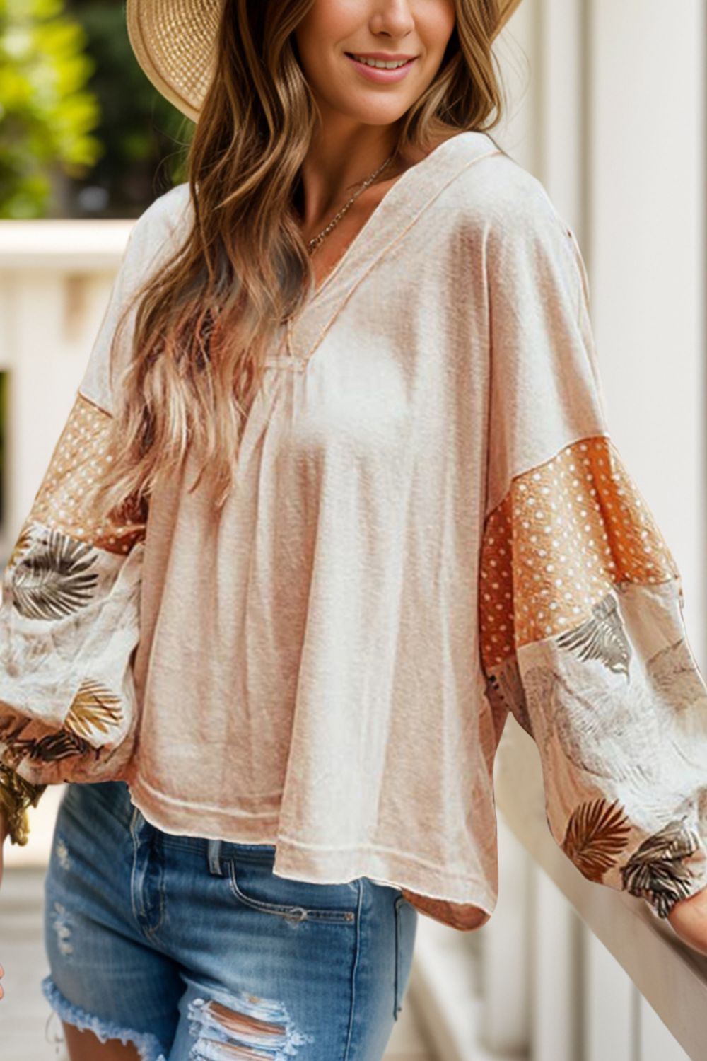 Hazel Blues® | Printed V-Neck Long Sleeve Blouse