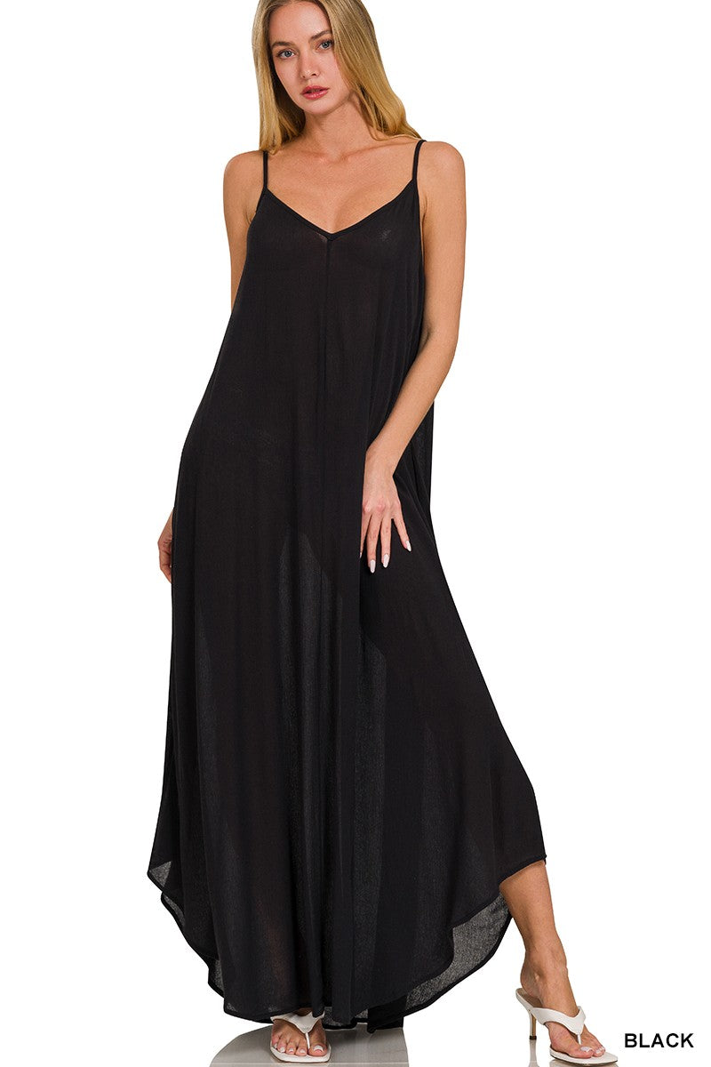 cami maxi dress with pockets Zenana Woven Crinkle Cami Maxi Dress with Side Pockets Black / M