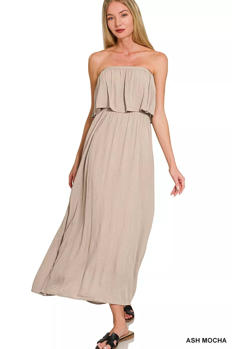 ASH MOCHA Zenana Woven Crinkle Strapless Maxi Dress