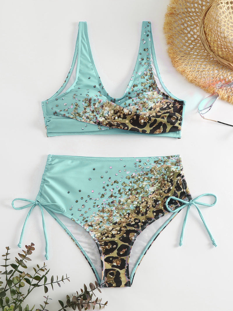 Hazel Blues® |  Lace-Up Printed Wide Strap Bikini Set