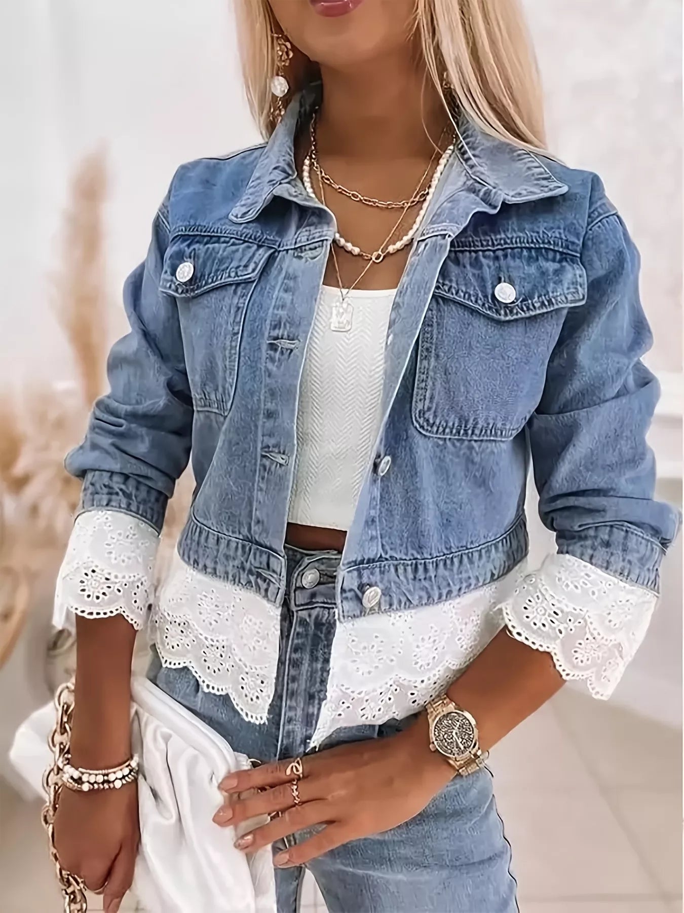 Cropped Denim Jacket with Lace Trim – Hazel Blues®