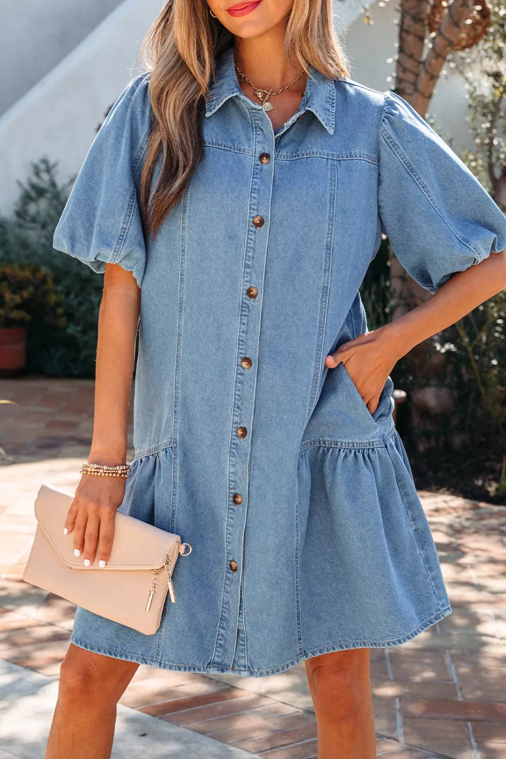 Button-Down Short Puff-Sleeve Ruffle-Hem Denim Dress – Hazel Blues®