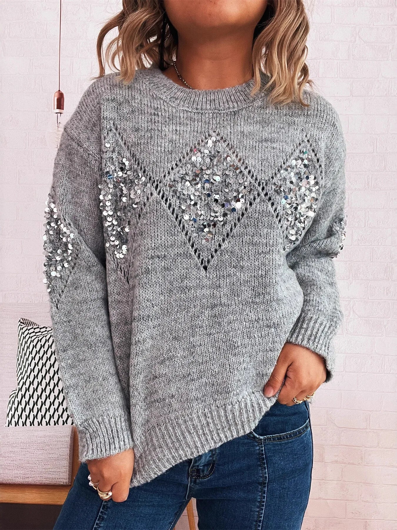 562580925です。 Sequined Diamond Pattern Oversized Sweater – Hazel Blues®