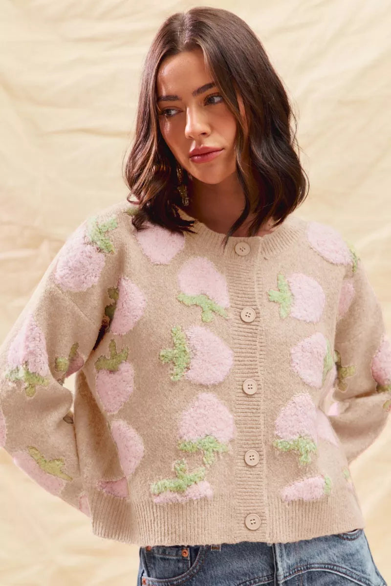 Hazel Blues® | SO ME Strawberry Fruit All Over Button Sweater Cardigan