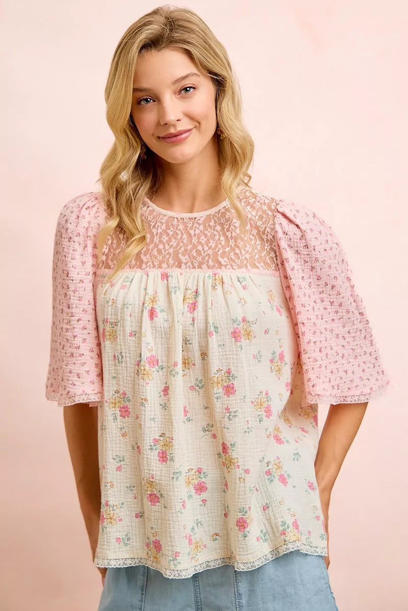 Bibi Crinkle Floral Gauze Mix And Matched Blouse Top | Floral