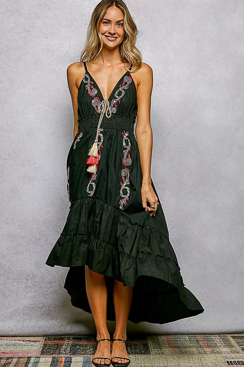 Hazel Blues | POL Embroidered Detail Tassel Tie Smocked Waist Midi Tiered Cami Dress Hazel Blues | POL Embroidered Detail Tassel Tie Smocked Waist Midi Tiered Cami Dress
