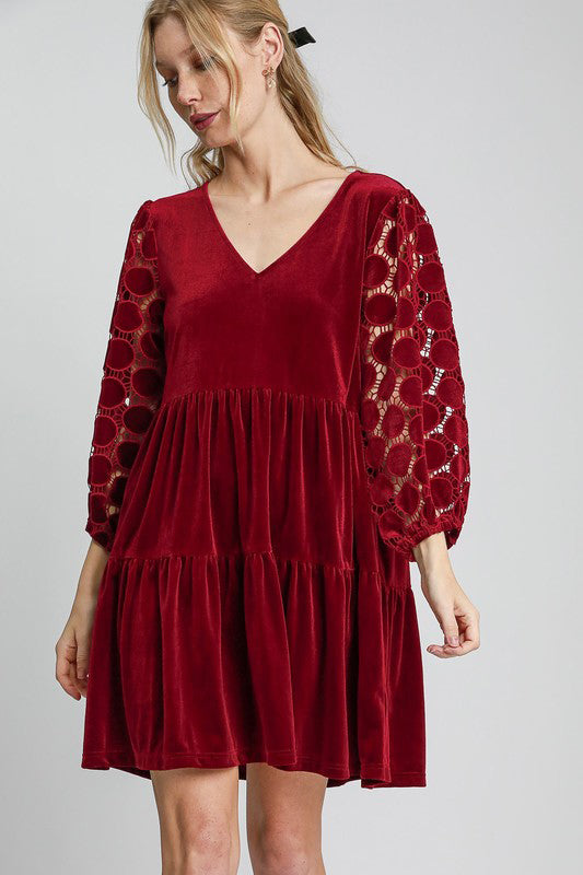 Burgundy Umgee Dotted Lace Sleeve Tiered Velvet Mini Dre