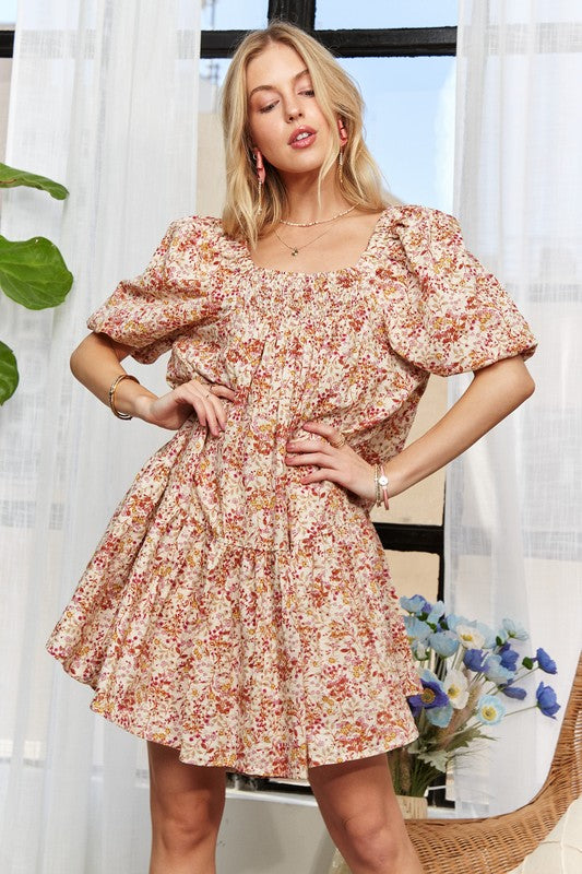 Hazel Blues | ADORA Floral Square Neck Puff Sleeve Dress Hazel Blues | ADORA Floral Square Neck Puff Sleeve Dress