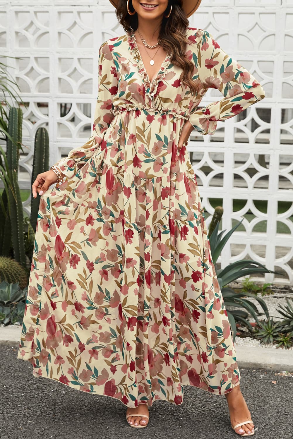 Floral Frill Trim Sleeve Plunge Maxi Dress - Floral / M Floral Frill Trim Sleeve Plunge Maxi Dress - Floral / M