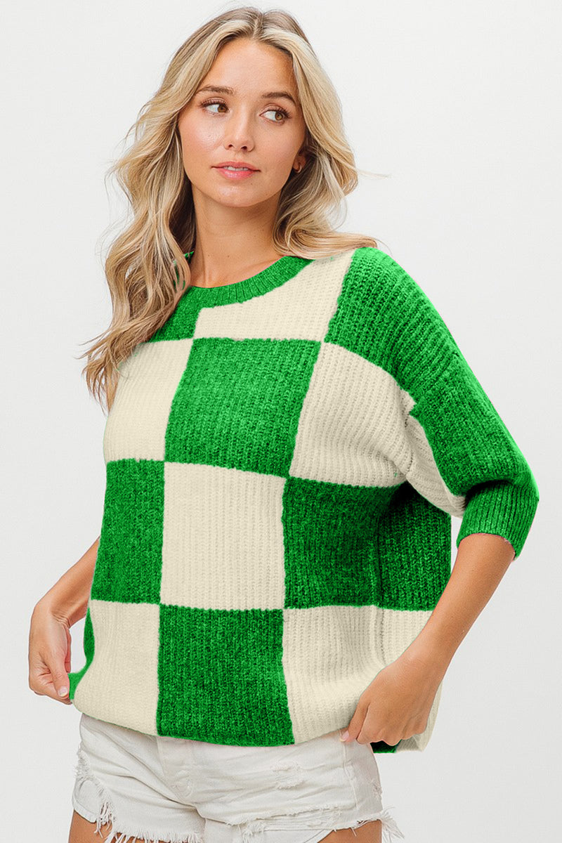Hazel Blues® |  BiBi Checkered Contrast Round Neck Sweater