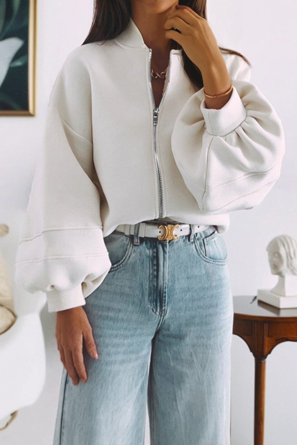 White Solid Color Zip-Up Knit Puff-Sleeve Jacket – Hazel Blues®