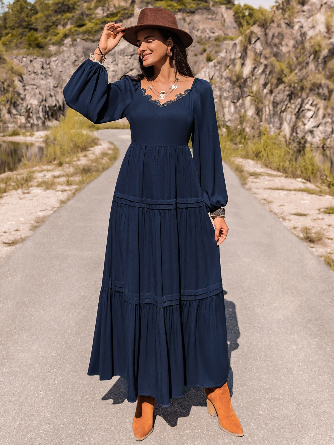 Wholesale MOQ6 Long Sleeve Lace Trim Maxi Dress