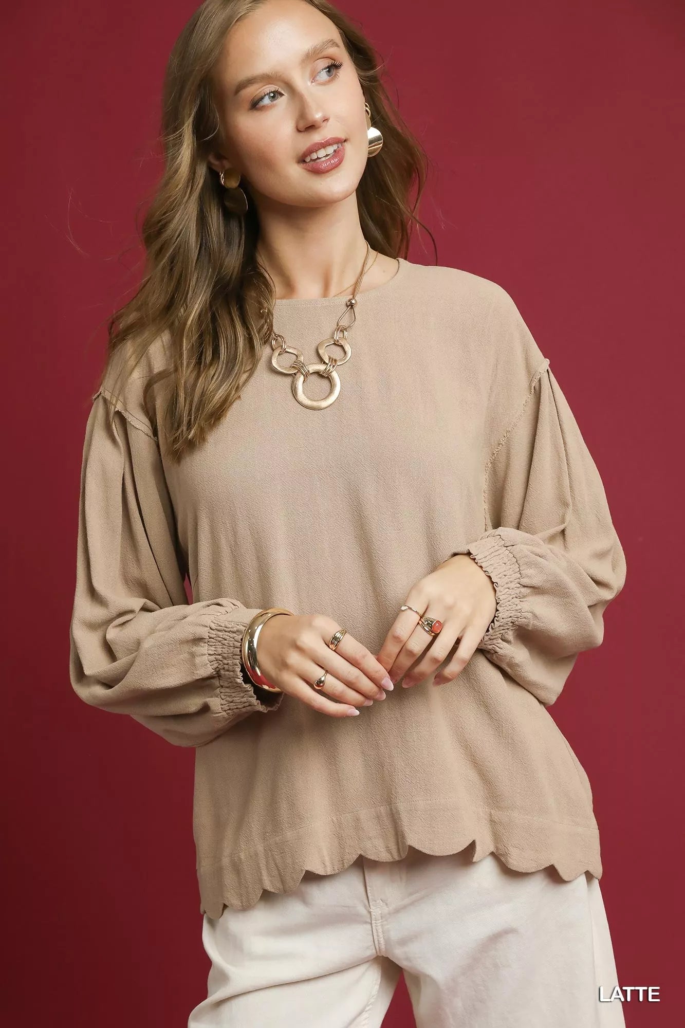 Hazel Blues® | Umgee Linen Scallop Hem Long Sleeve Blouse