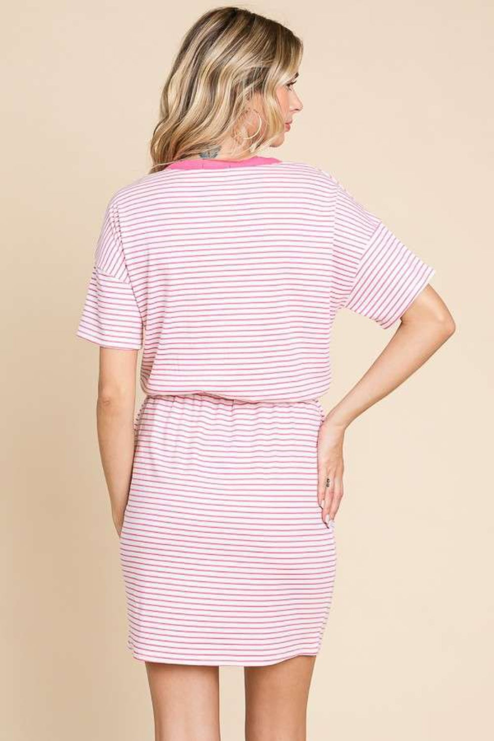 Culture Code Full Size Striped Short Sleeve Mini Dress with Pockets