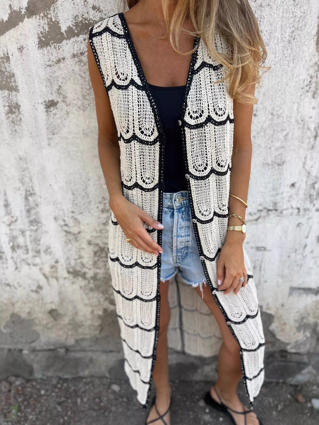 Hazel Blues® | Sleeveless Crochet Longline Cardigan
