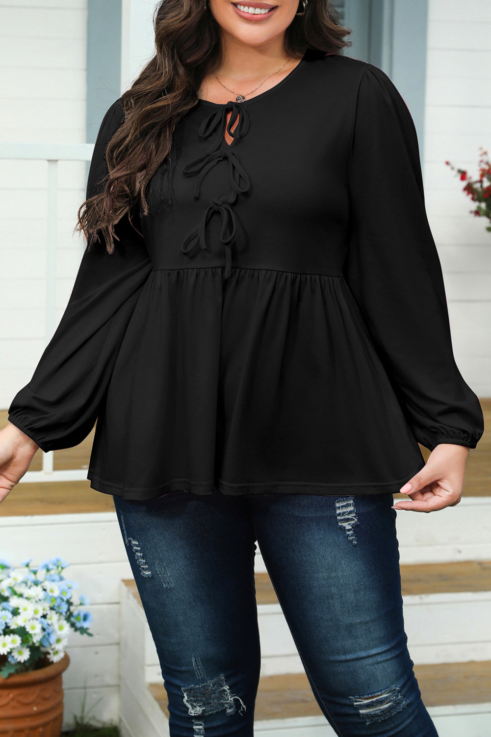 Black Solid Color Bow Tie Front Long Sleeve Plus Size Peplum