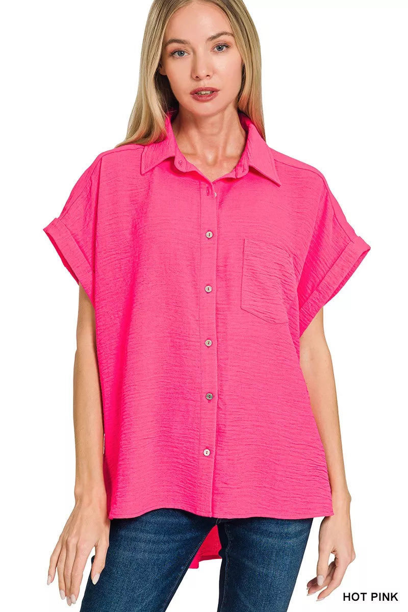 Hazel Blues® | Zenana Woven Airflow Button Down Shirt - Design D