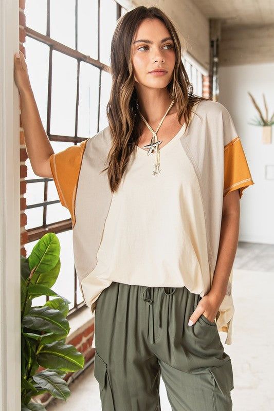 Hazel Blues® | Mittoshop Color Block V-Neck Short Sleeve T-Shirt