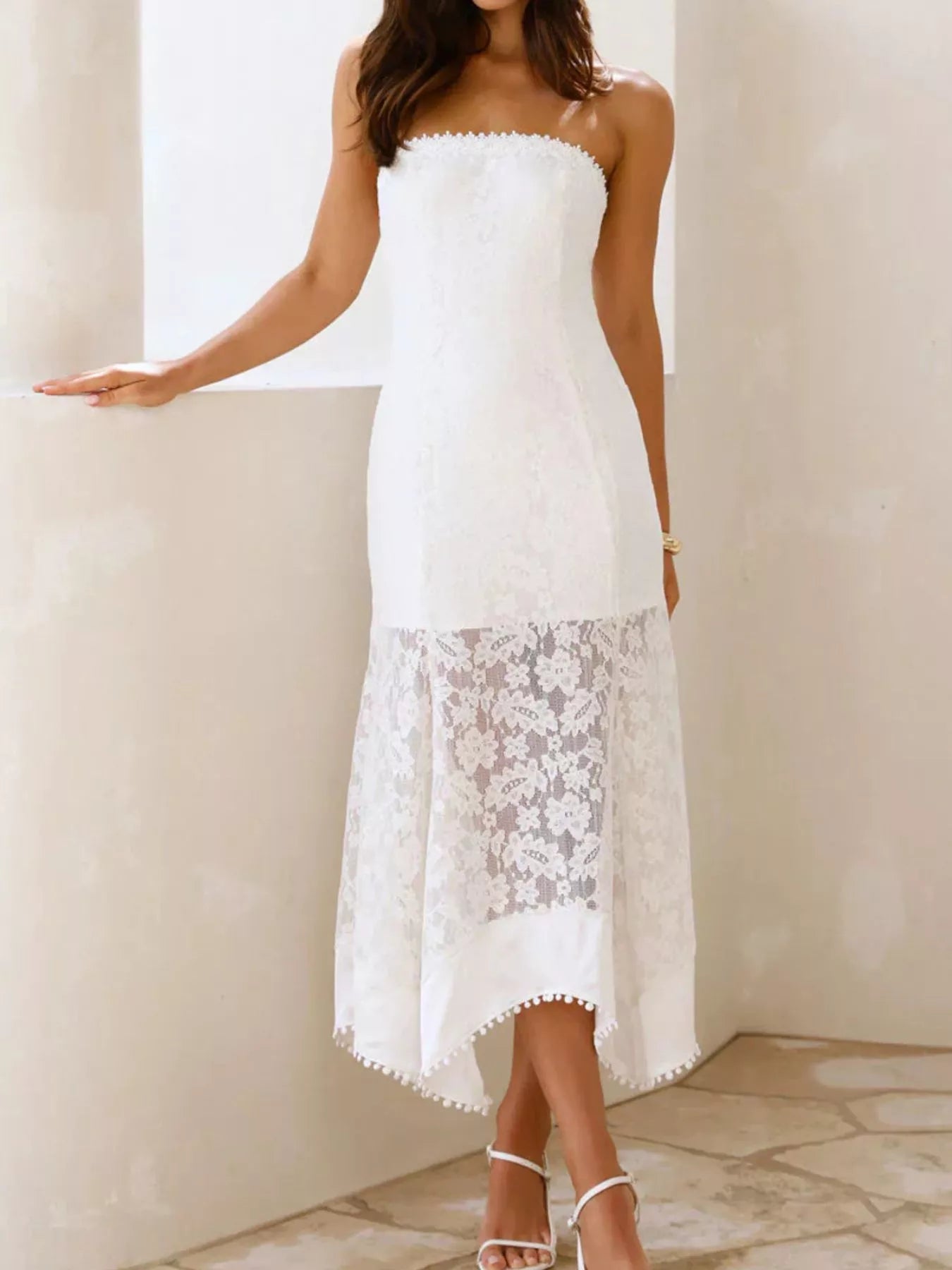 Luxe Petal Lace Strapless Maxi Dress White Size XS from Hello Molly