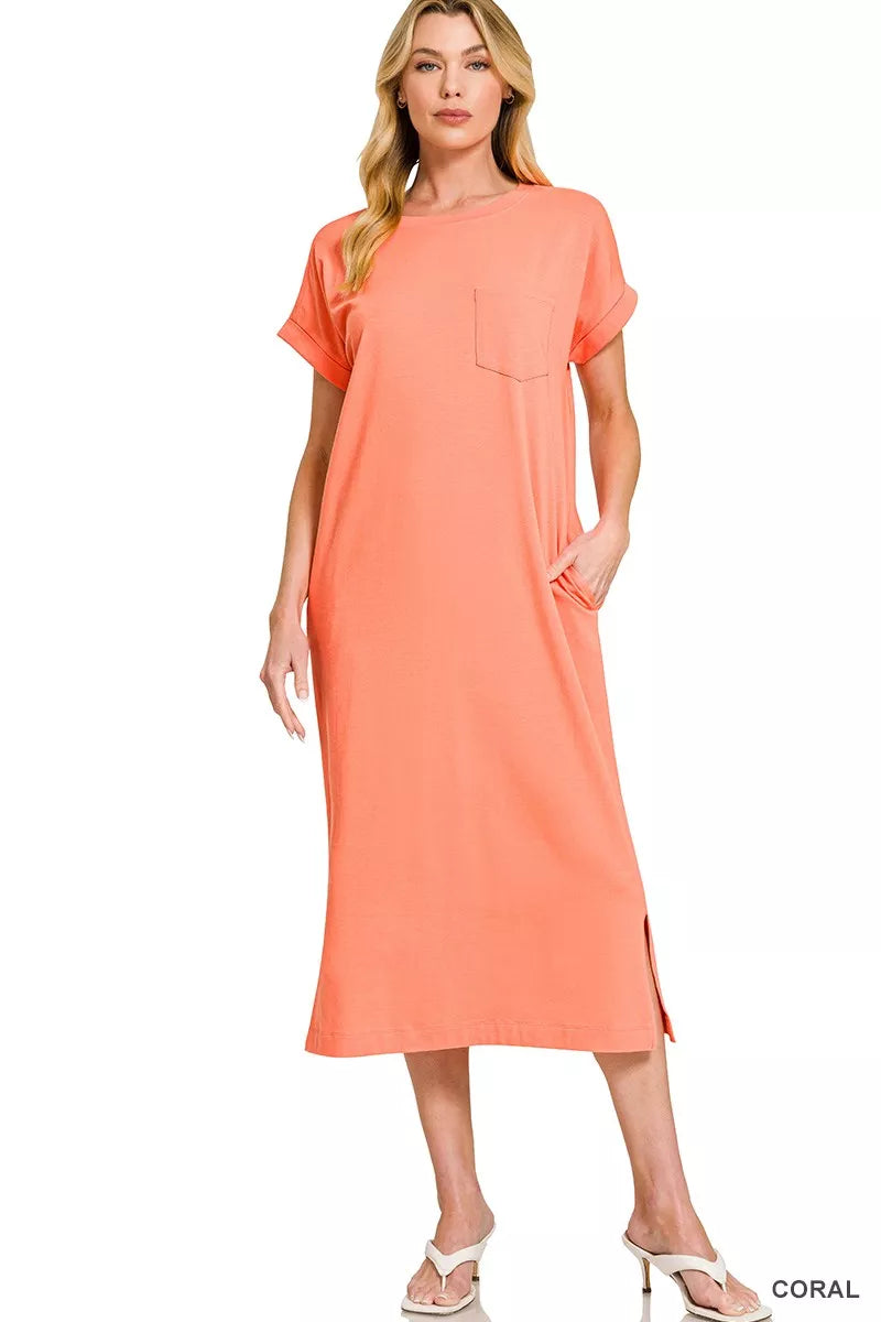 Zenana Round Neck Short Sleeve Midi Dress Coral / XL