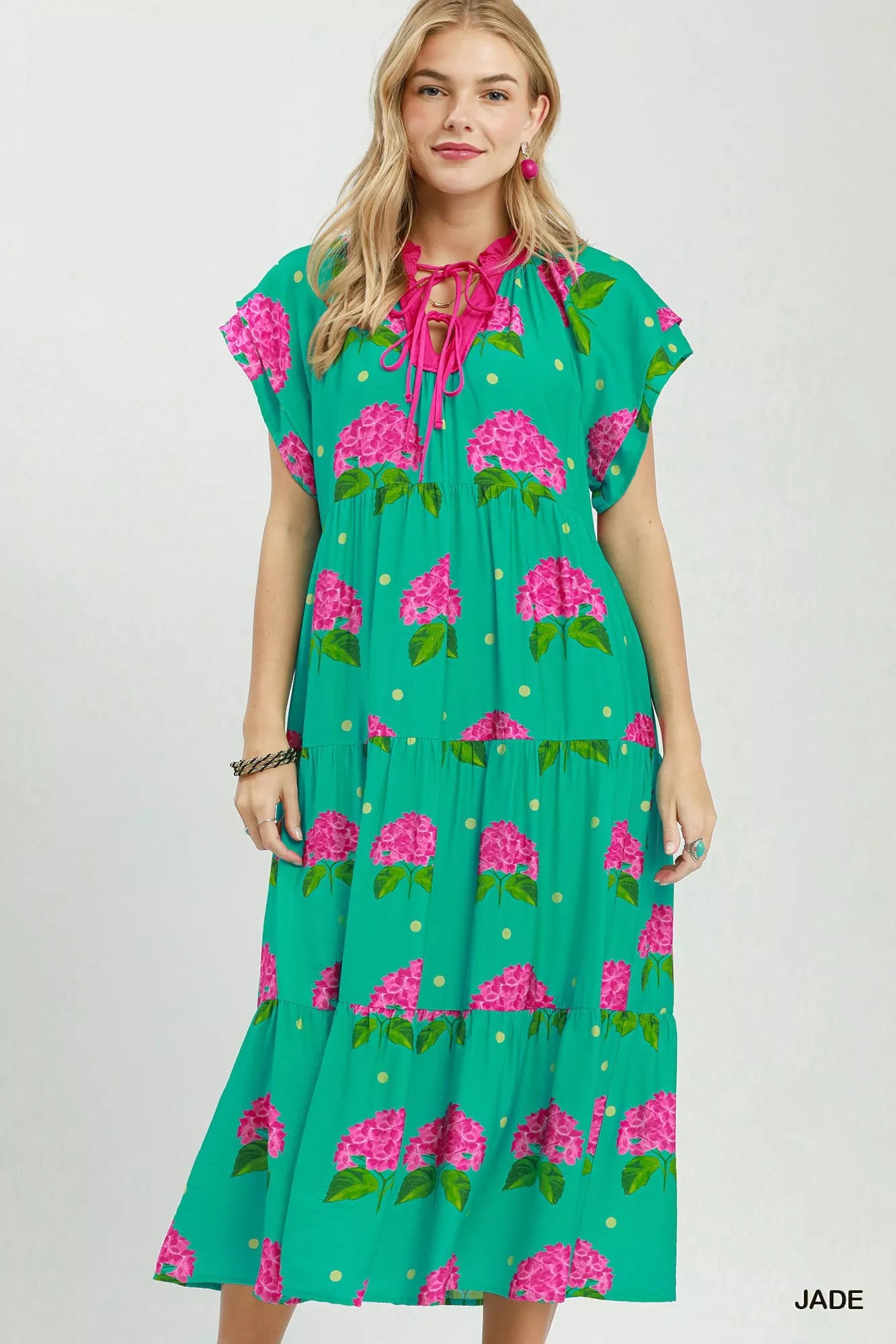Umgee Hydrangea Print Tiered Midi Dress JADE / S