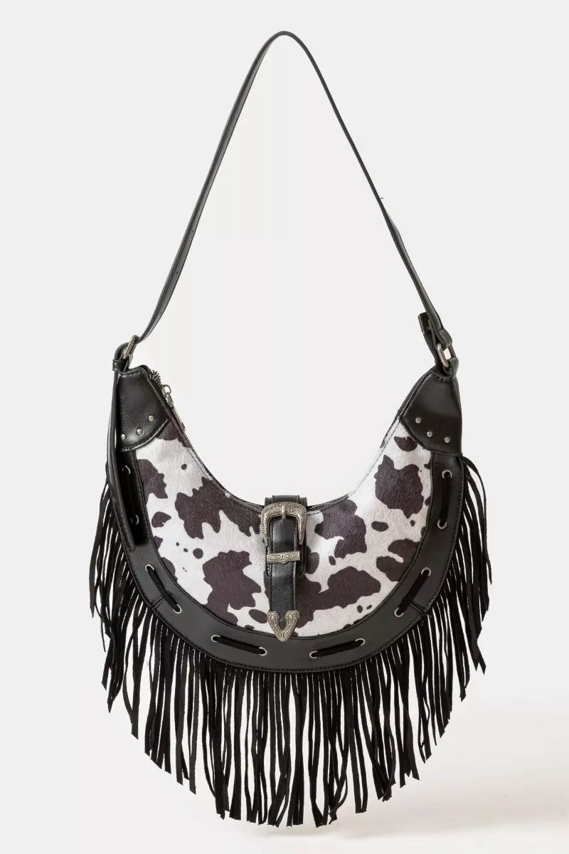 Hazel Blues® Fame Cow Print Faux Leather Fringe Hobo Bag