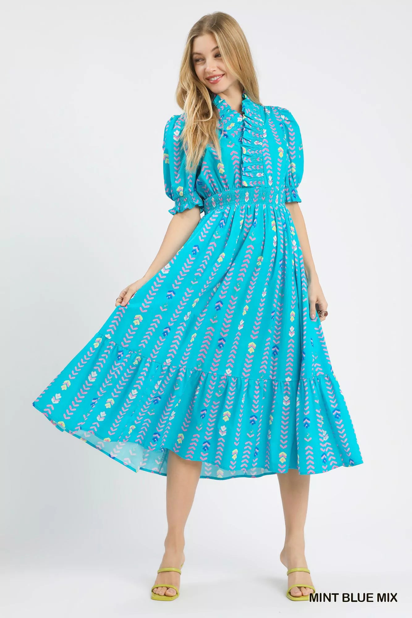 MINT BLUE MIX Vibrant Ruffle Smocked Midi Dress