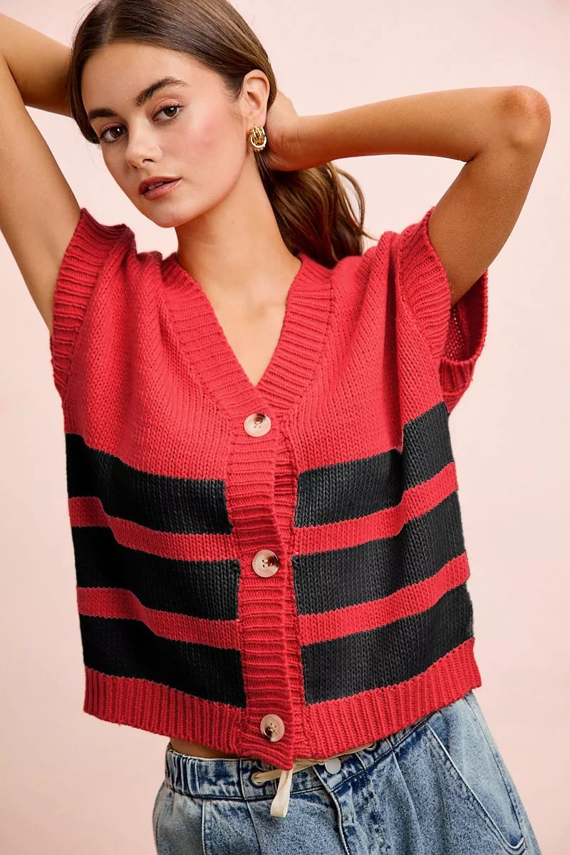 Bibi Game Day Theme Stripe Buttoned V-Neck Knit Cardigan | Striped