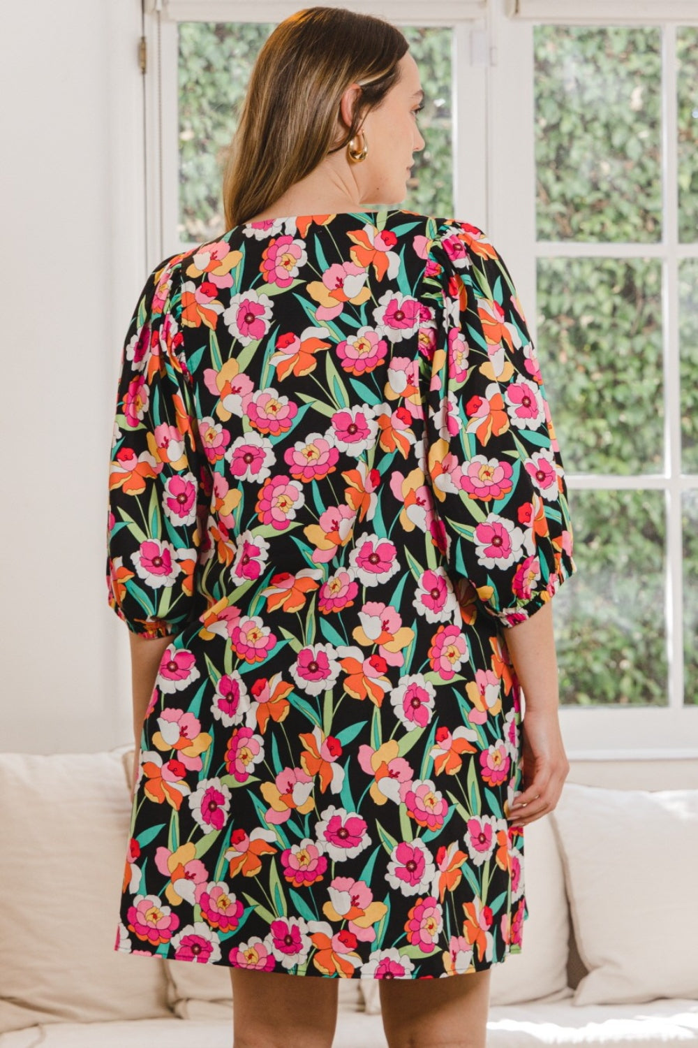 ODDI Full Size Floral Puff Sleeve Mini Dress