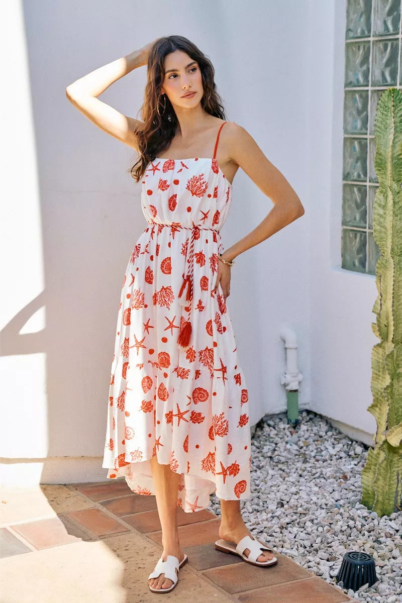 tiered cami midi dress SO ME Shell Print Tiered Lined Midi Cami Dress With Belt