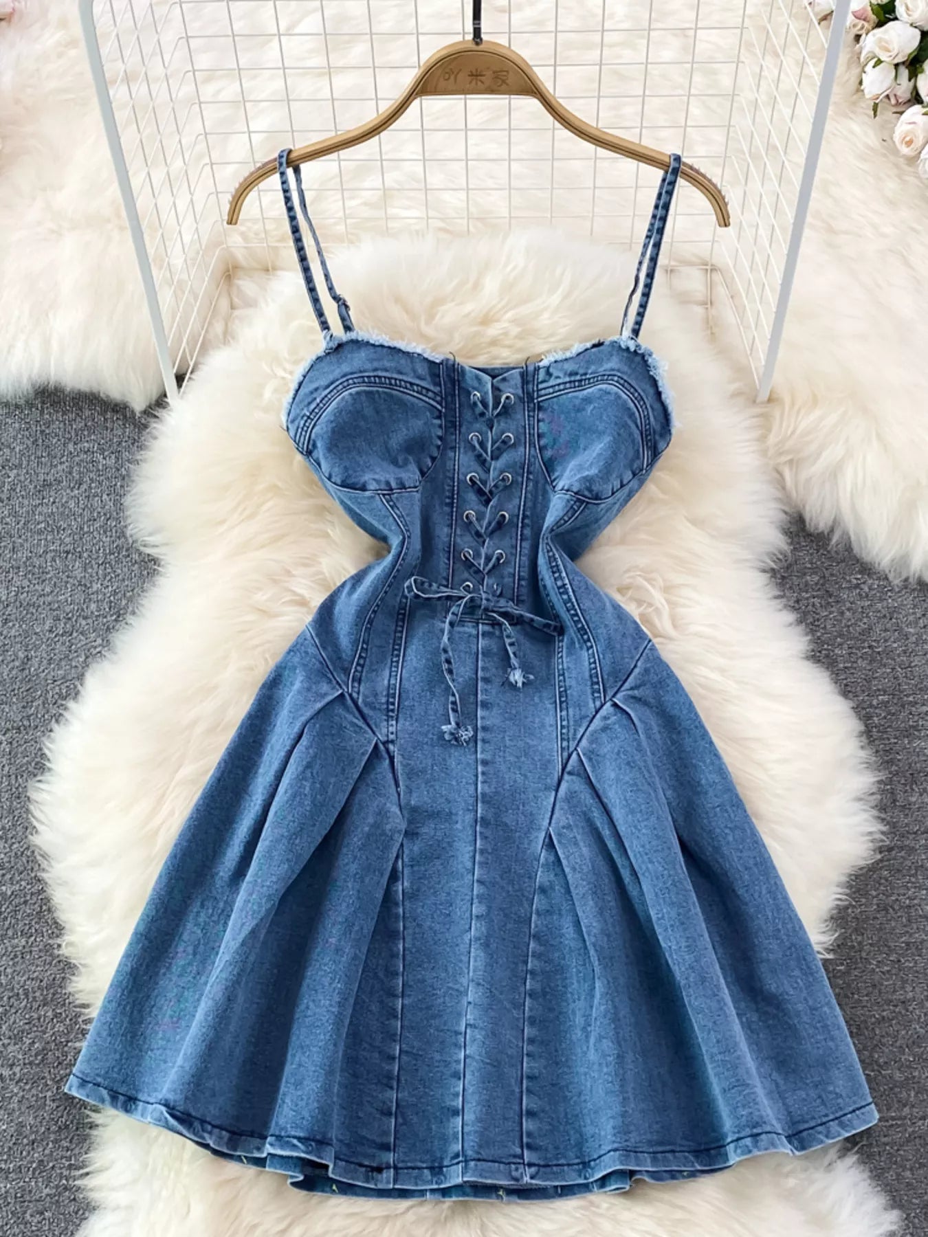 Hazel Blues | Lace-Up Denim A-Line Mini Dress Blue / S Hazel Blues | Lace-Up Denim A-Line Mini Dress Blue / S
