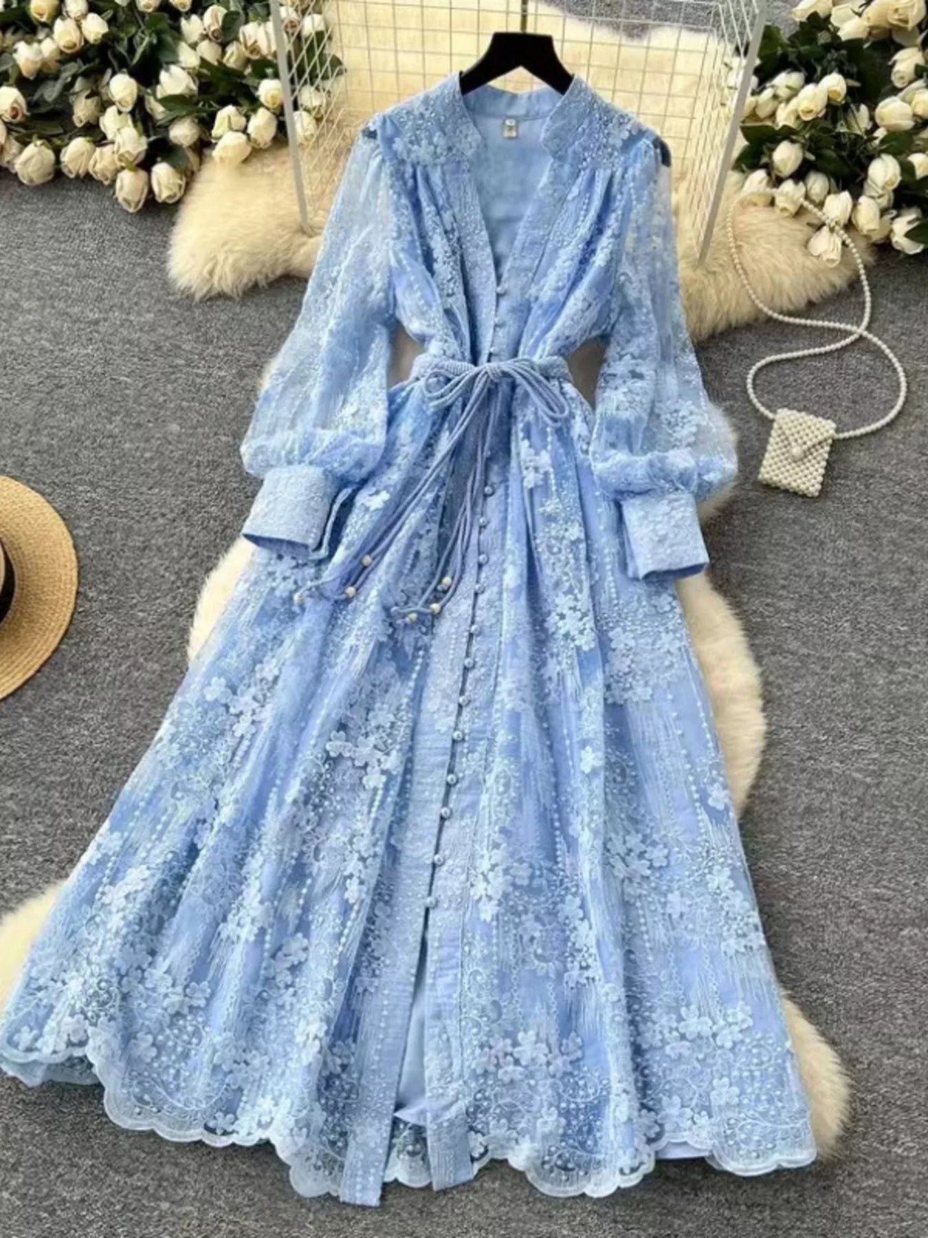 knee length dresses for ladies Lace Tie Waist Long Sleeve Dress – Hazel Blues®