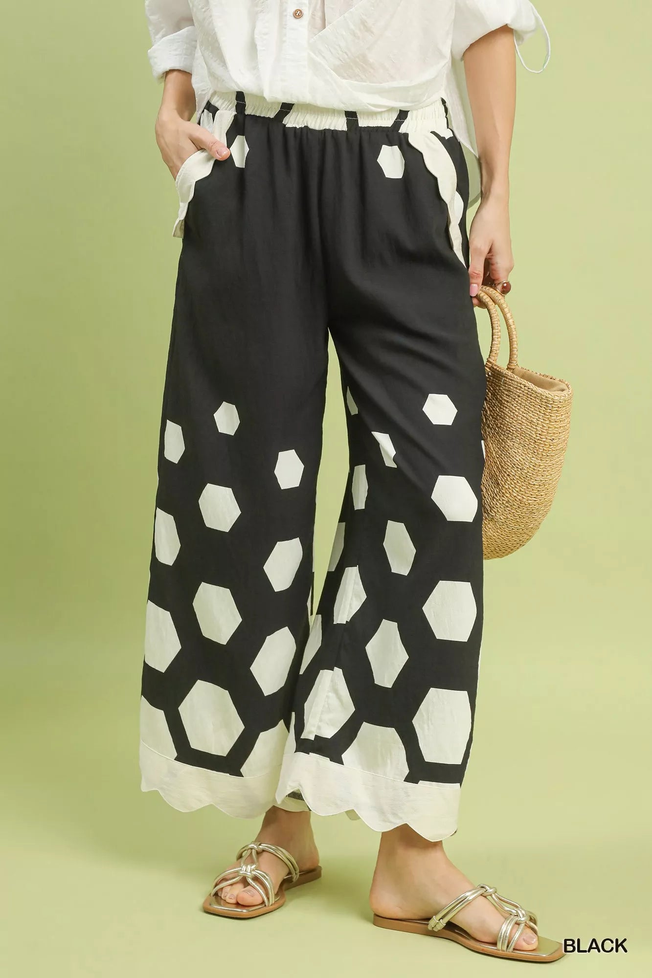 Hazel Blues® | Umgee Hexagon Print Wide Leg Pants with Scalloped Hem