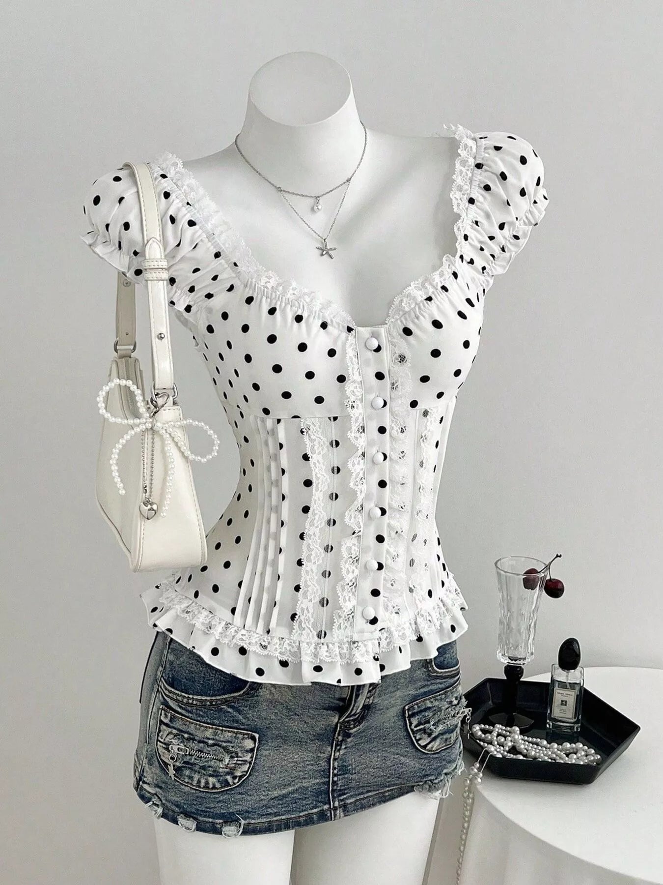Polka Dot Lace Trim Cap Sleeve Blouse – Hazel Blues®