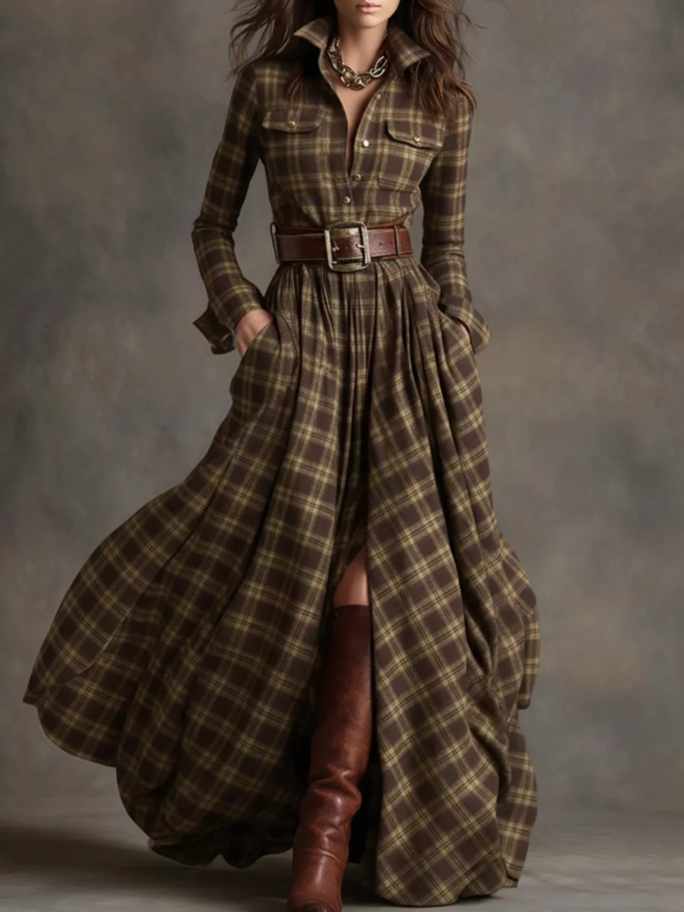 Plaid Button Front Maxi Shirt Dress Dark Green / S