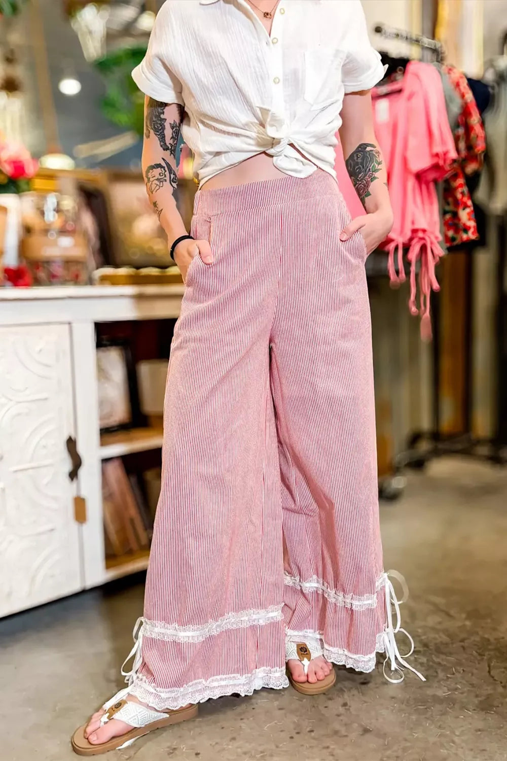 Hazel Blues® | Stripe Contrast Lace Ribbon Tie Detail Wide Leg Pants