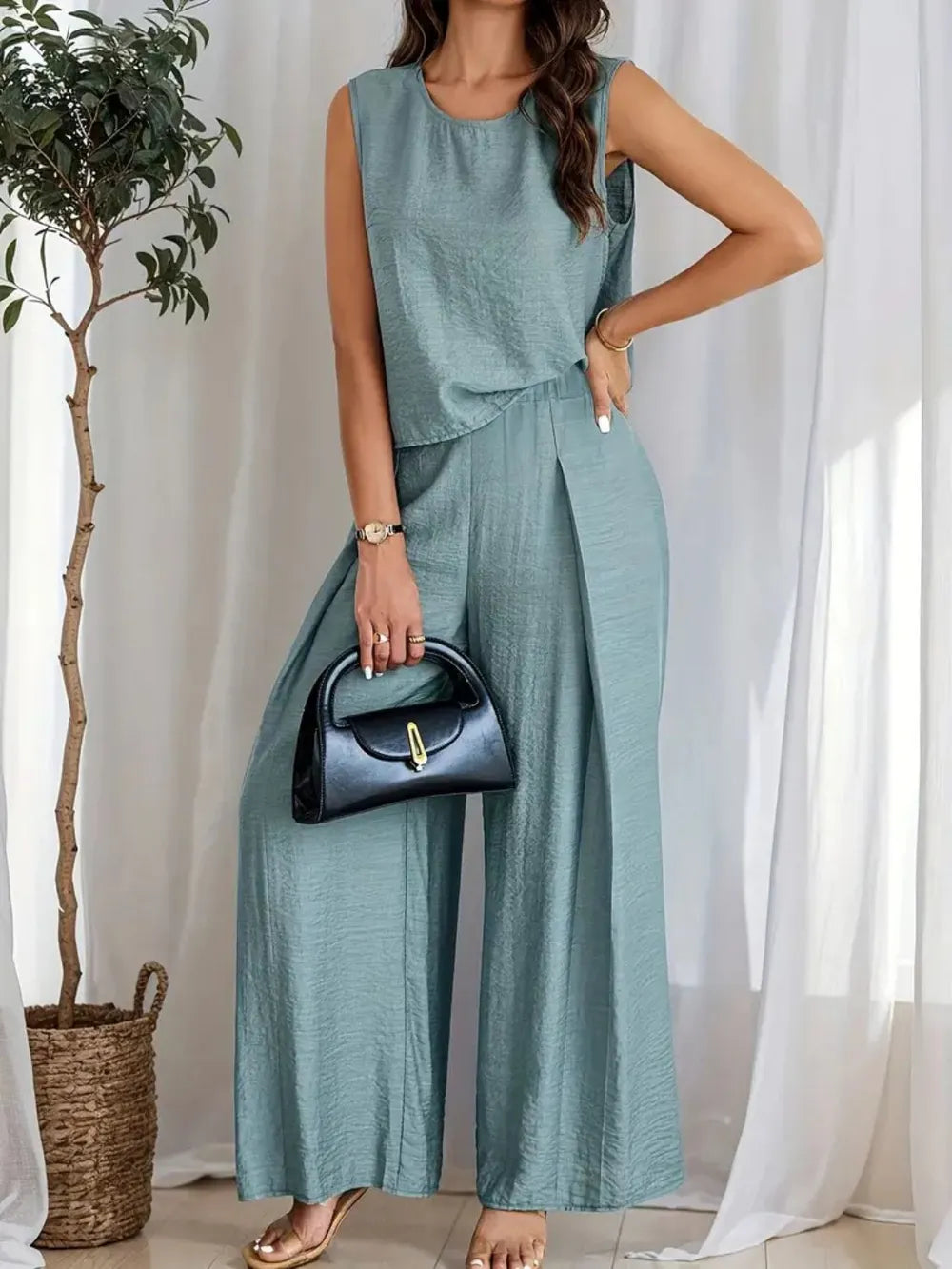 Hazel Blues® | Round Neck Sleeveless Top and Wide Leg Pants Set