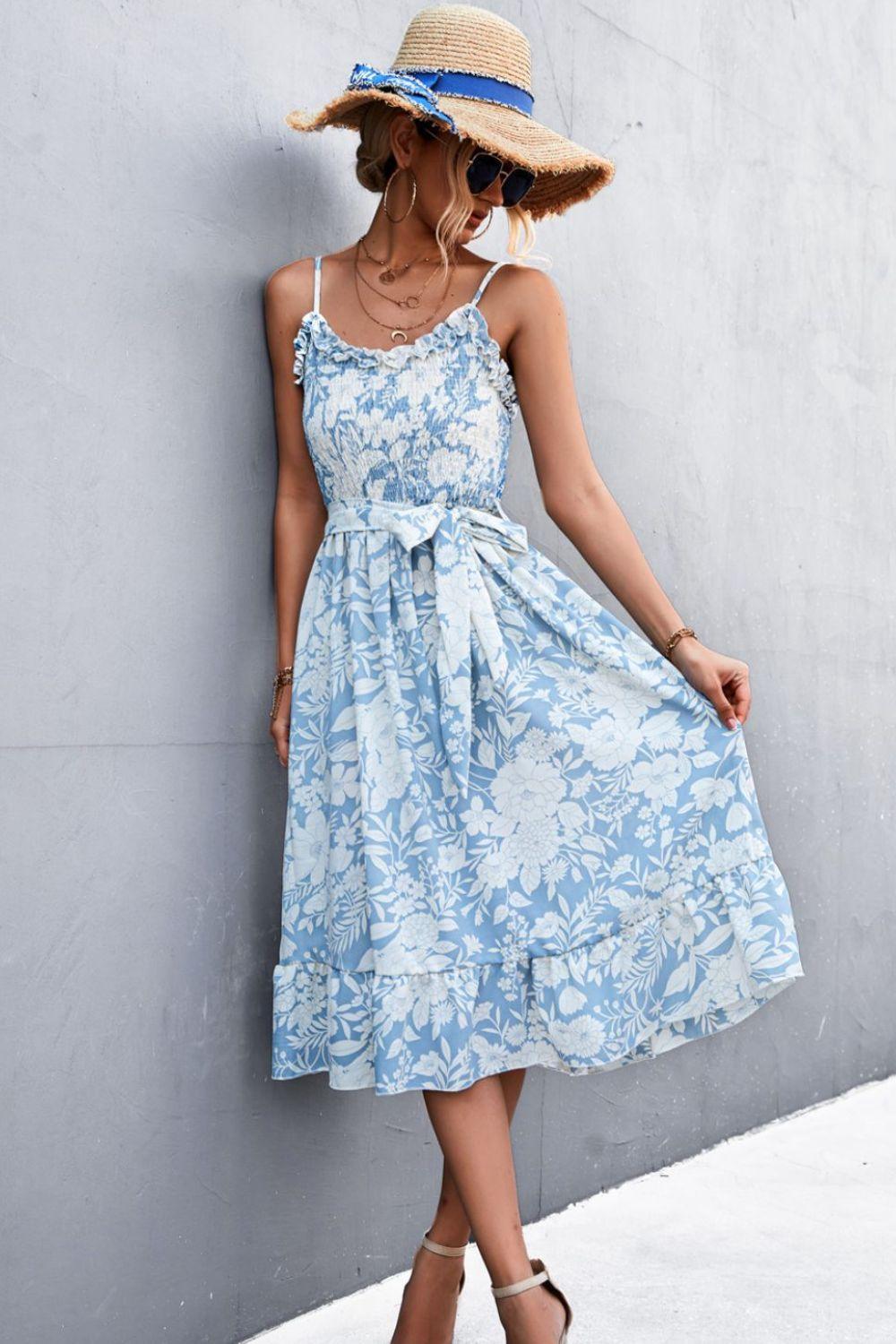 Hazel Blues | Floral Frill Trim Scoop Neck Spaghetti Strap Dress Hazel Blues | Floral Frill Trim Scoop Neck Spaghetti Strap Dress