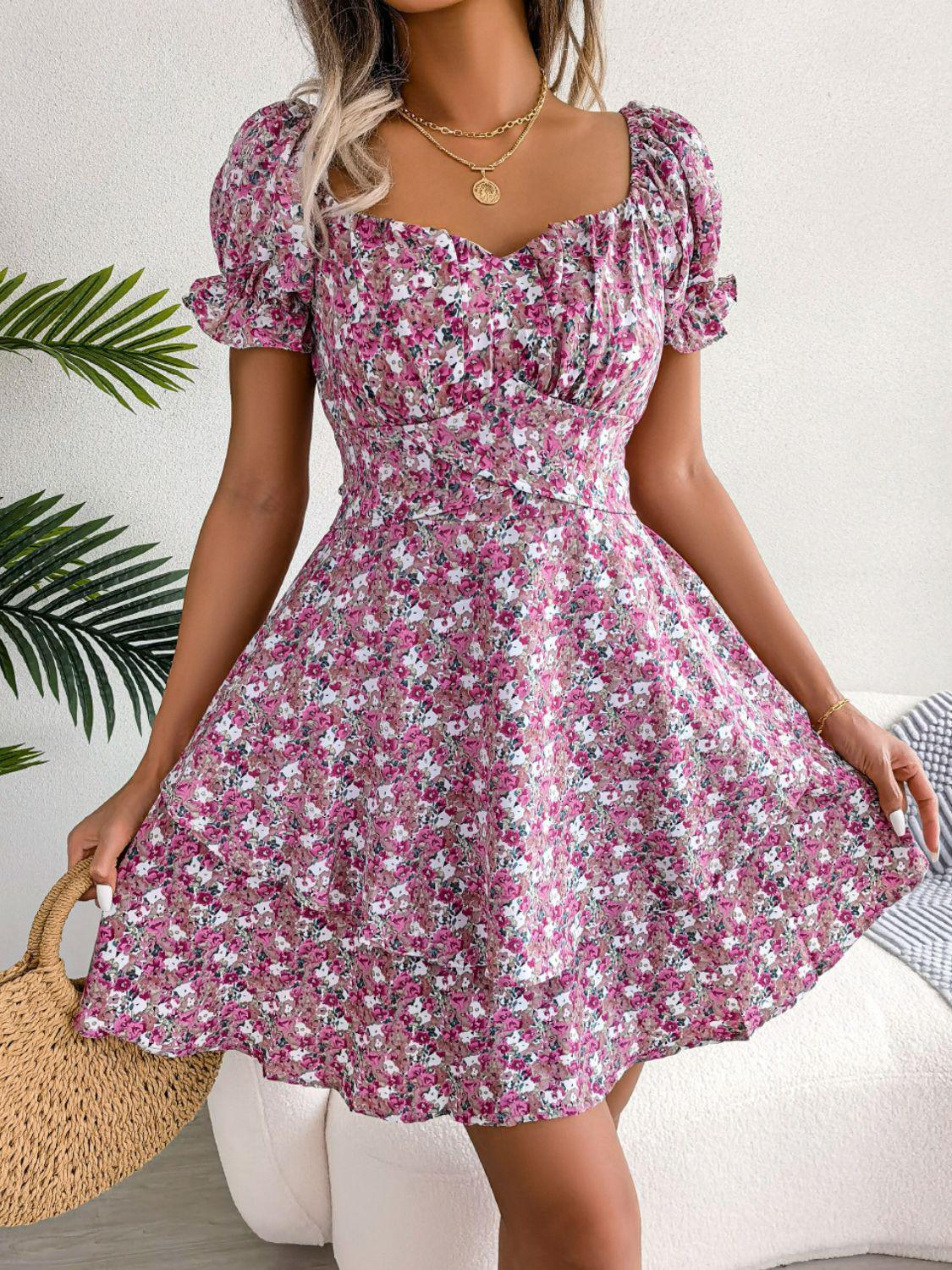 Sample Floral Sweetheart Neck Flounce Sleeve Mini Dress Sample Floral Sweetheart Neck Flounce Sleeve Mini Dress