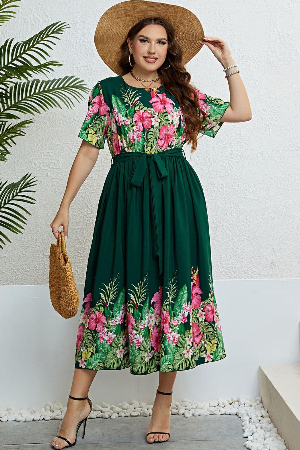 knee length dresses for ladies Printed V-Neck Tie Waist Midi Dress Tan / XL