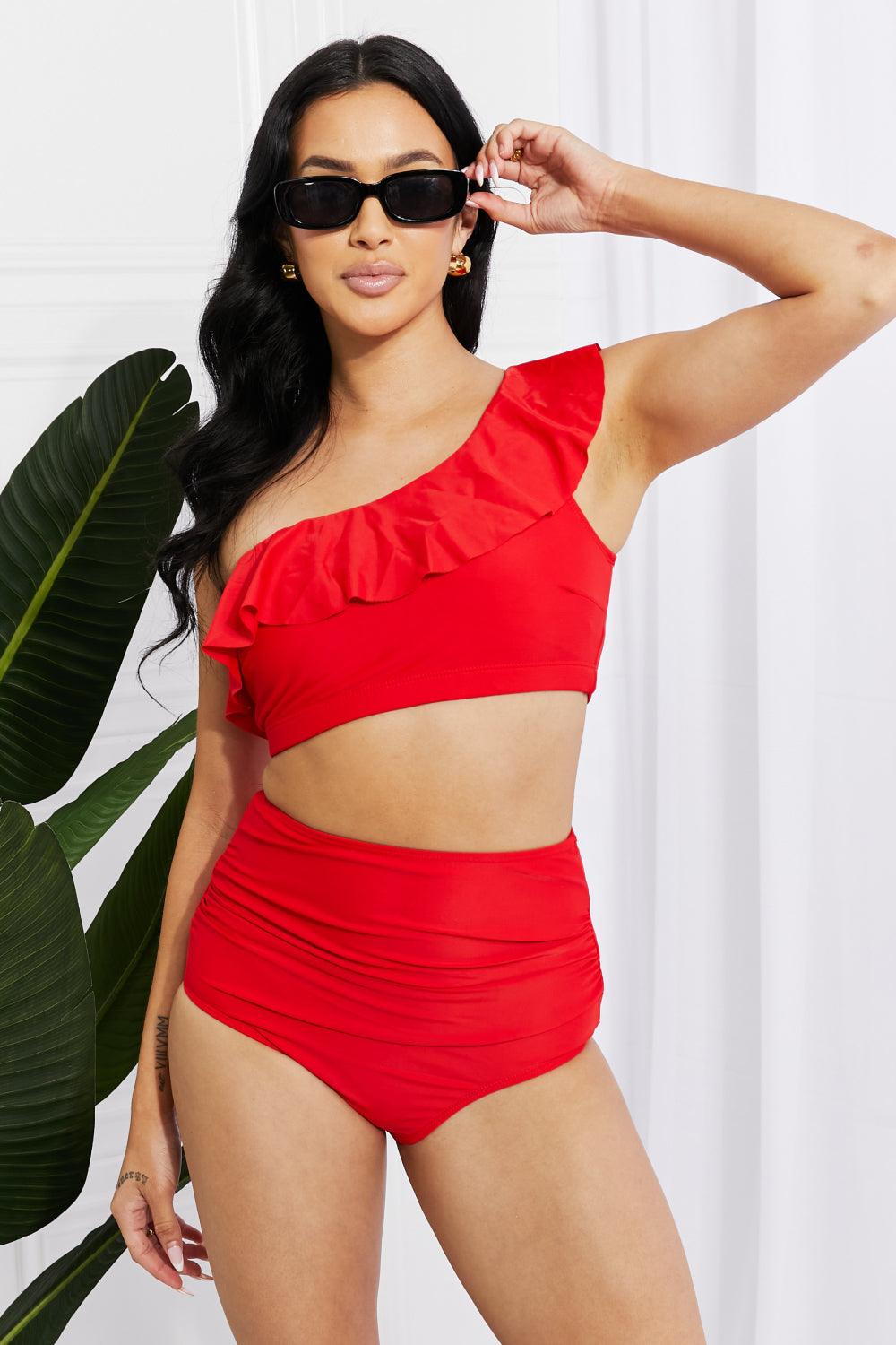 Hazel Blues® | Seaside Romance Ruffle One-Shoulder Bikini in Red - Hazel Blues®